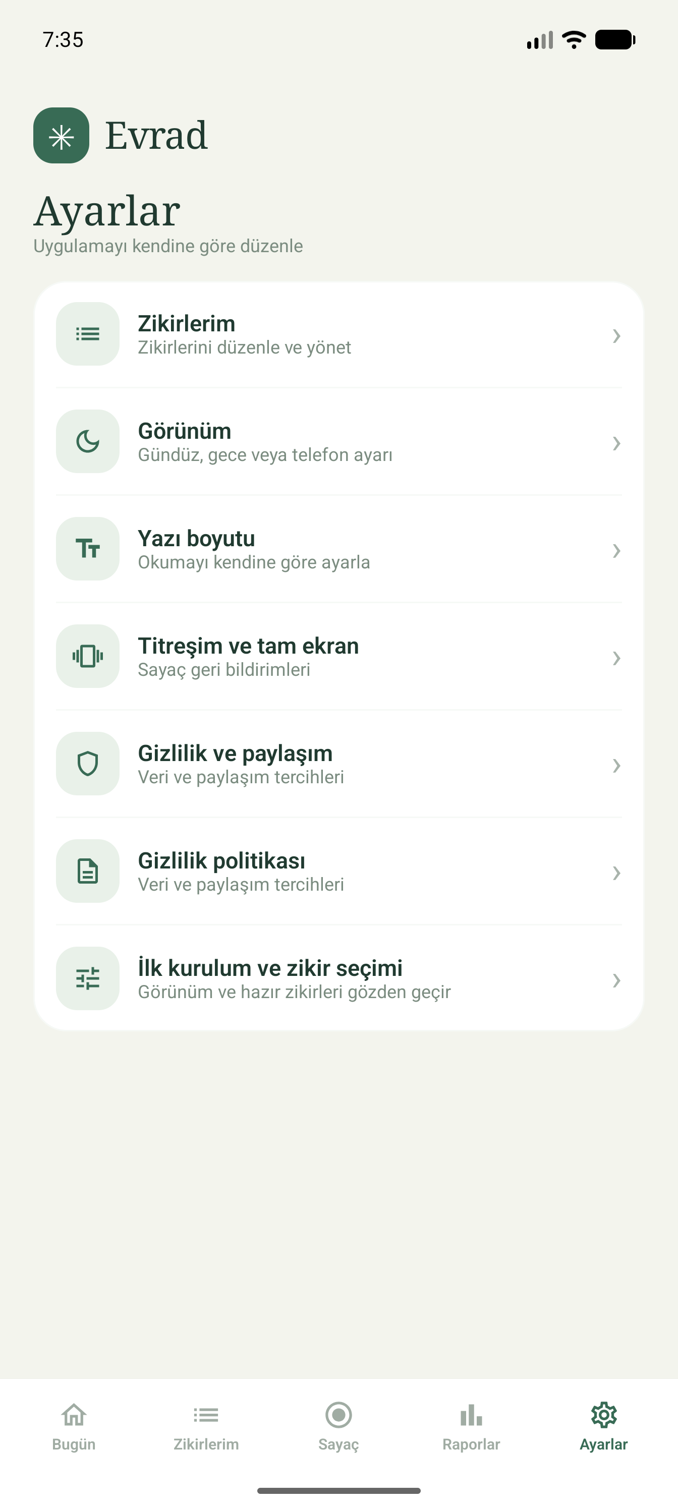 Evrad uygulamasının ayarlar ekranı